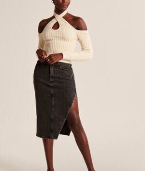 Abercrombie & Fitch High Side Asymmetric Slit Midi Jean Size 14 Black Skirt